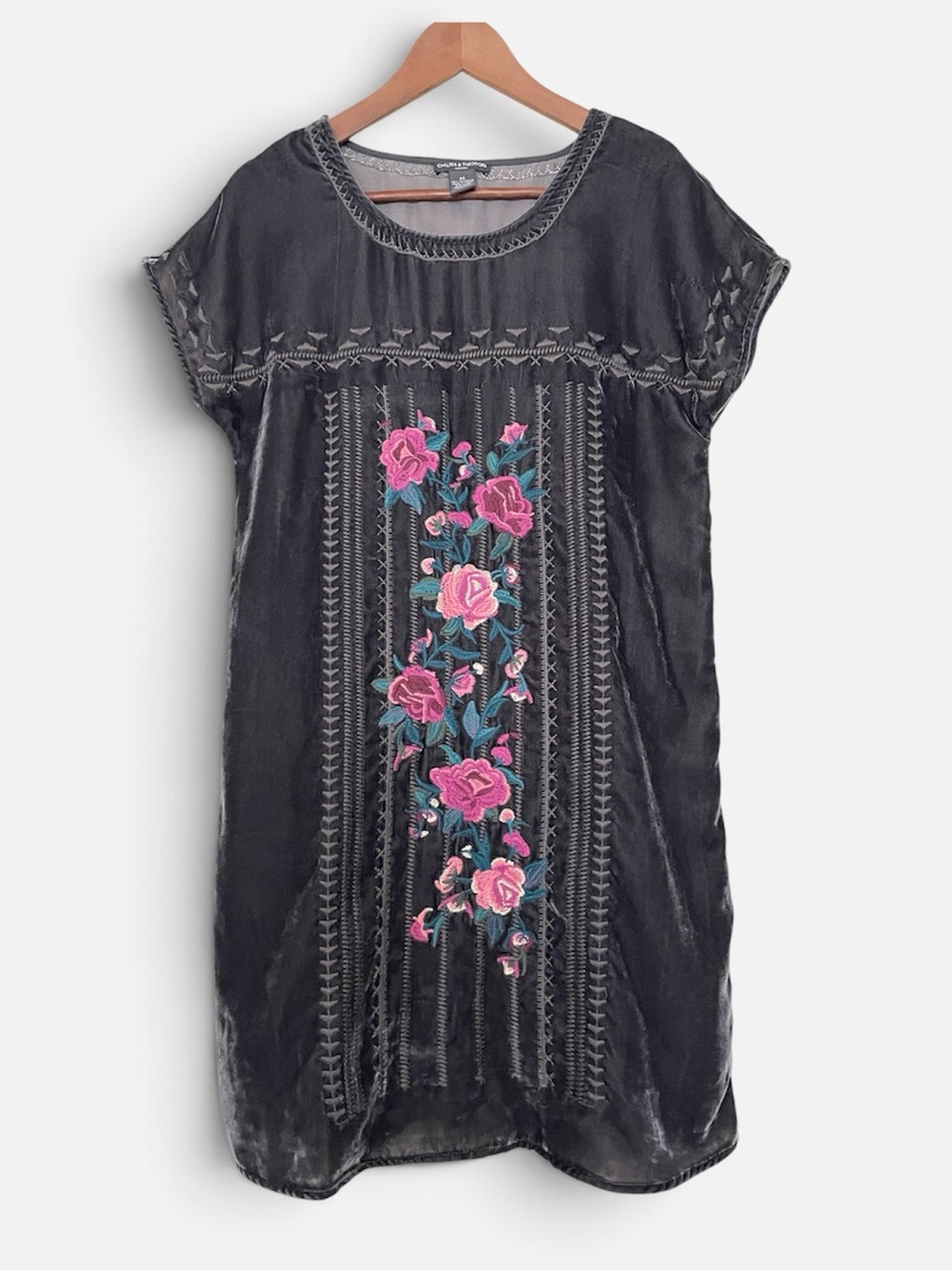 Chelsea & Theodore Velvet Embroidered Floral Dress Boho Shift XS